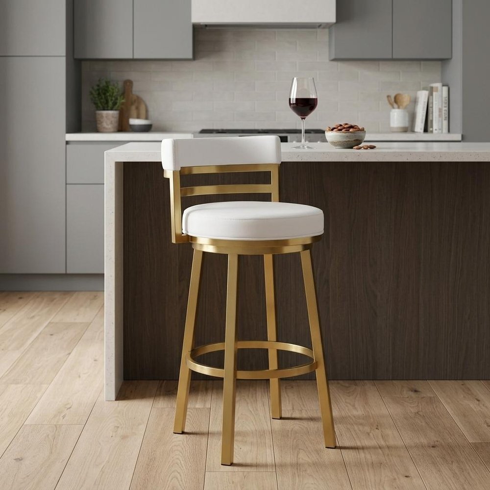 26" White and Gold Faux Leather and Stainless Steel Low Back Counter Height Swivel Bar Chair