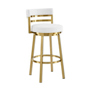 26" White and Gold Faux Leather and Stainless Steel Low Back Counter Height Swivel Bar Chair