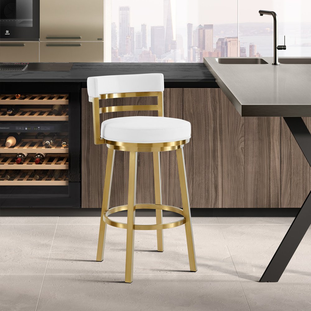 26" White and Gold Faux Leather and Stainless Steel Low Back Counter Height Swivel Bar Chair