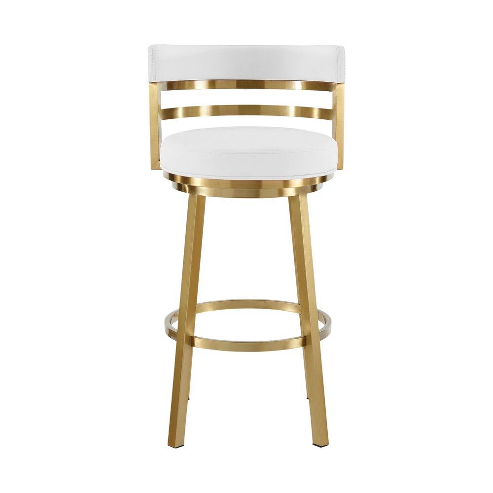 26" White and Gold Faux Leather and Stainless Steel Low Back Counter Height Swivel Bar Chair