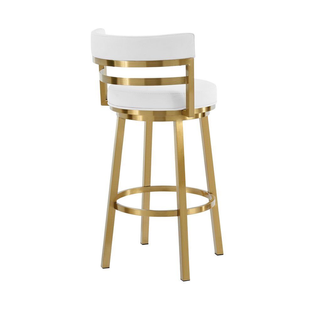 26" White and Gold Faux Leather and Stainless Steel Low Back Counter Height Swivel Bar Chair