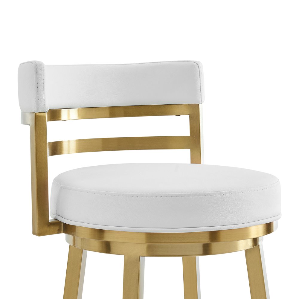 26" White and Gold Faux Leather and Stainless Steel Low Back Counter Height Swivel Bar Chair