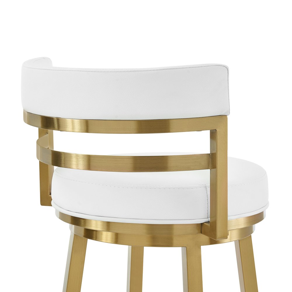 26" White and Gold Faux Leather and Stainless Steel Low Back Counter Height Swivel Bar Chair