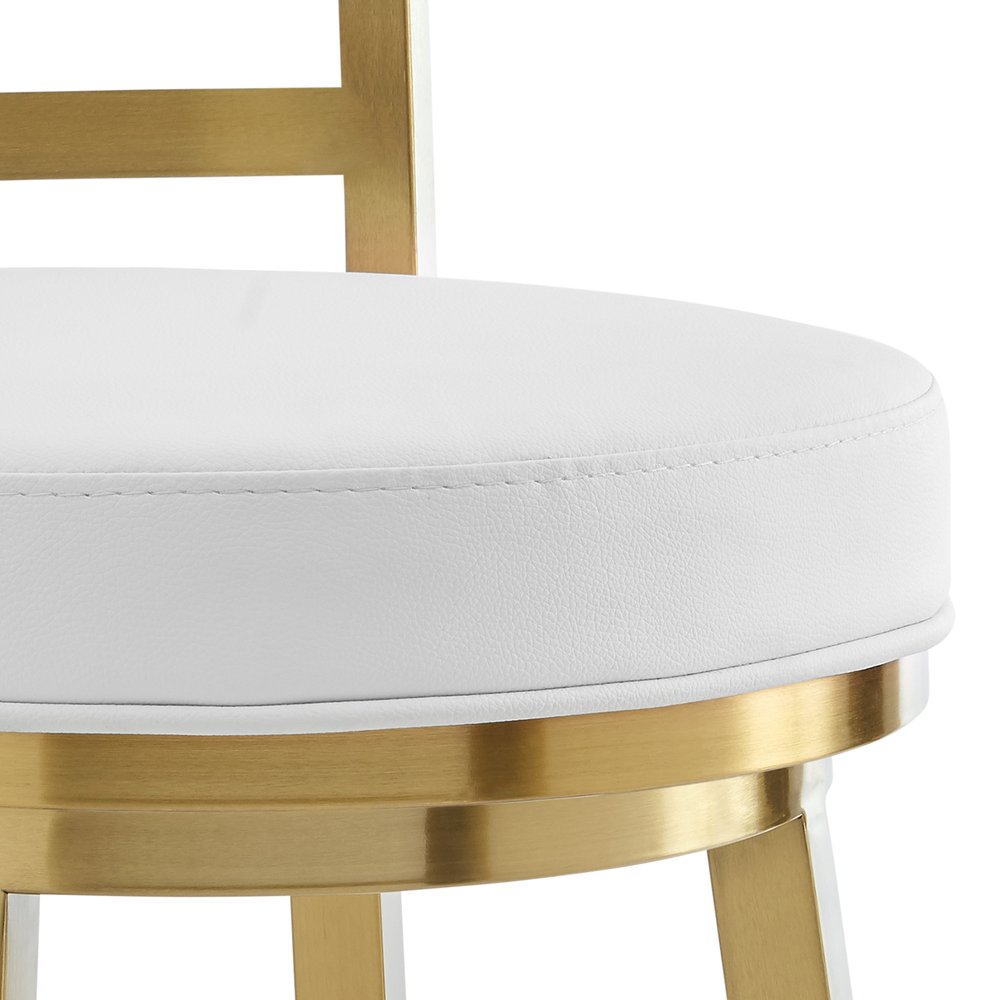 26" White and Gold Faux Leather and Stainless Steel Low Back Counter Height Swivel Bar Chair