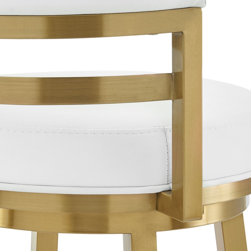 26" White and Gold Faux Leather and Stainless Steel Low Back Counter Height Swivel Bar Chair