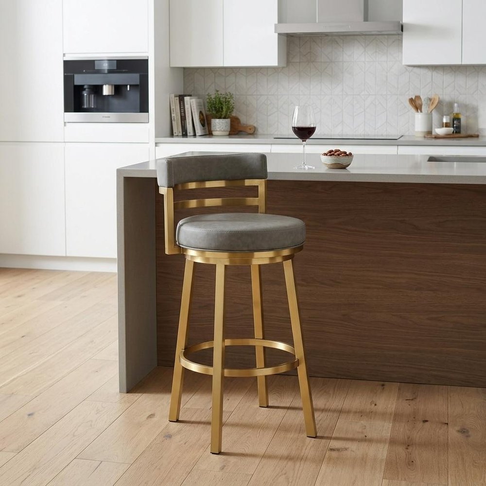 26" Gray and Gold Faux Leather and Stainless Steel Low Back Counter Height Swivel Bar Chair