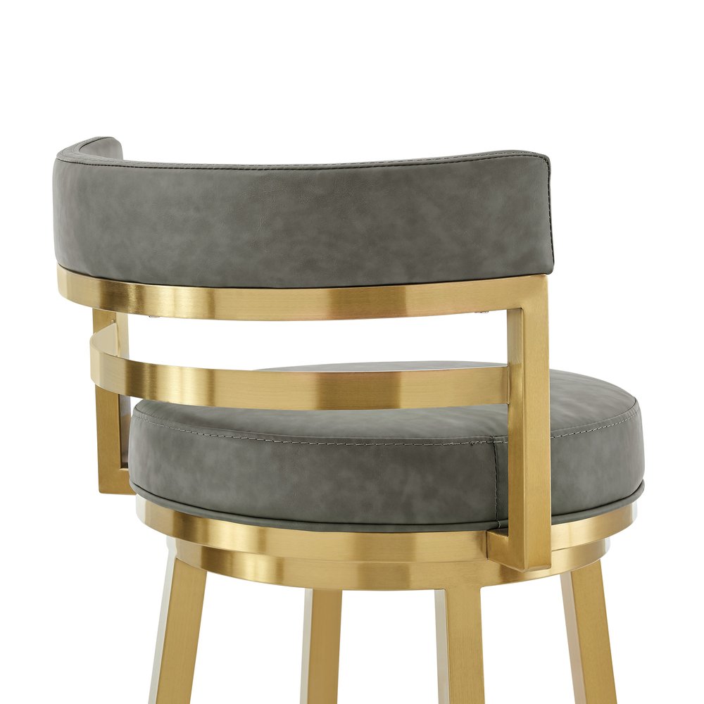 26" Gray and Gold Faux Leather and Stainless Steel Low Back Counter Height Swivel Bar Chair