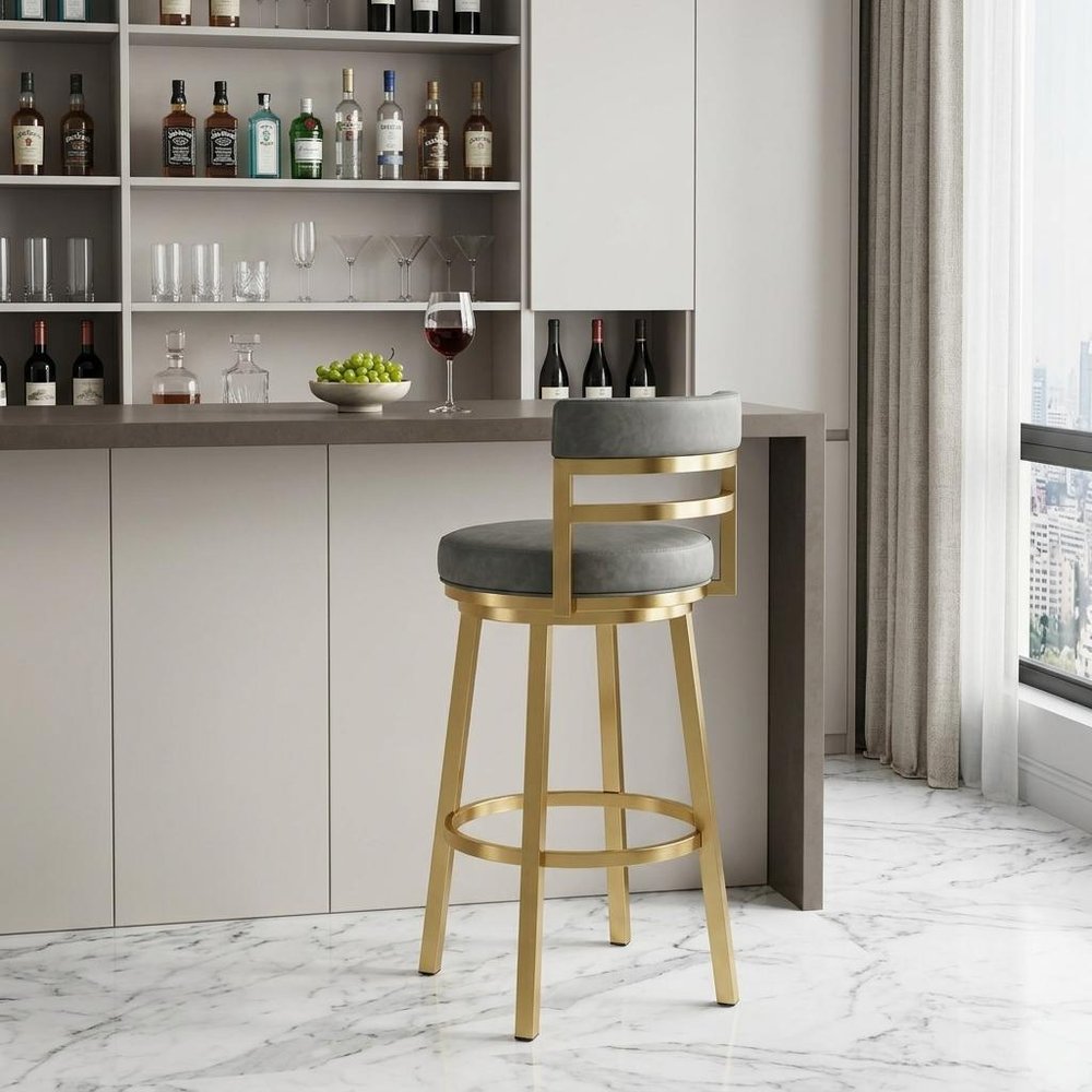 30" Gray and Gold Faux Leather and Stainless Steel Low Back Bar Height Swivel Bar Chair