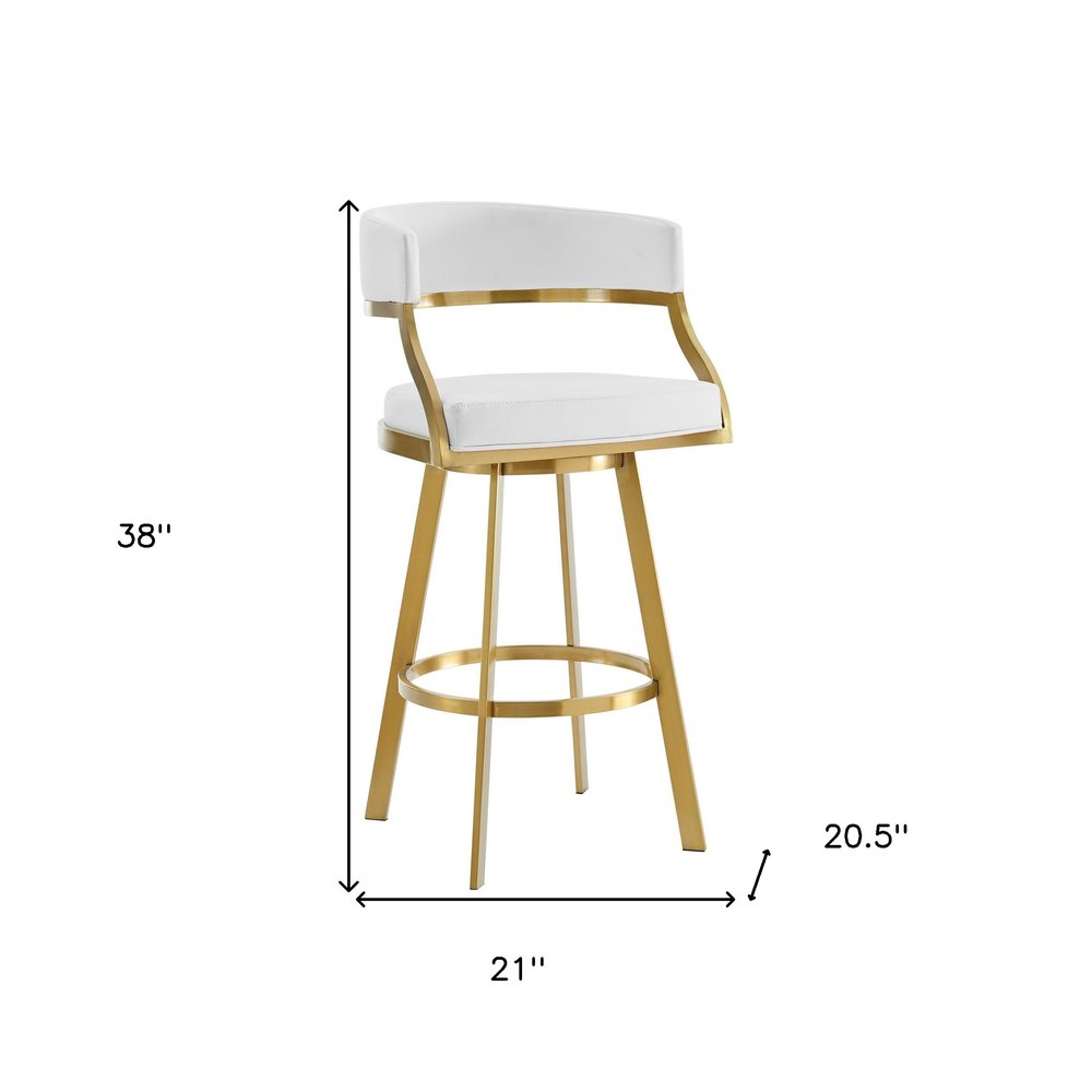 26" White and Gold Faux Leather and Stainless Steel Low Back Counter Height Swivel Bar Chair