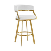 26" White and Gold Faux Leather and Stainless Steel Low Back Counter Height Swivel Bar Chair