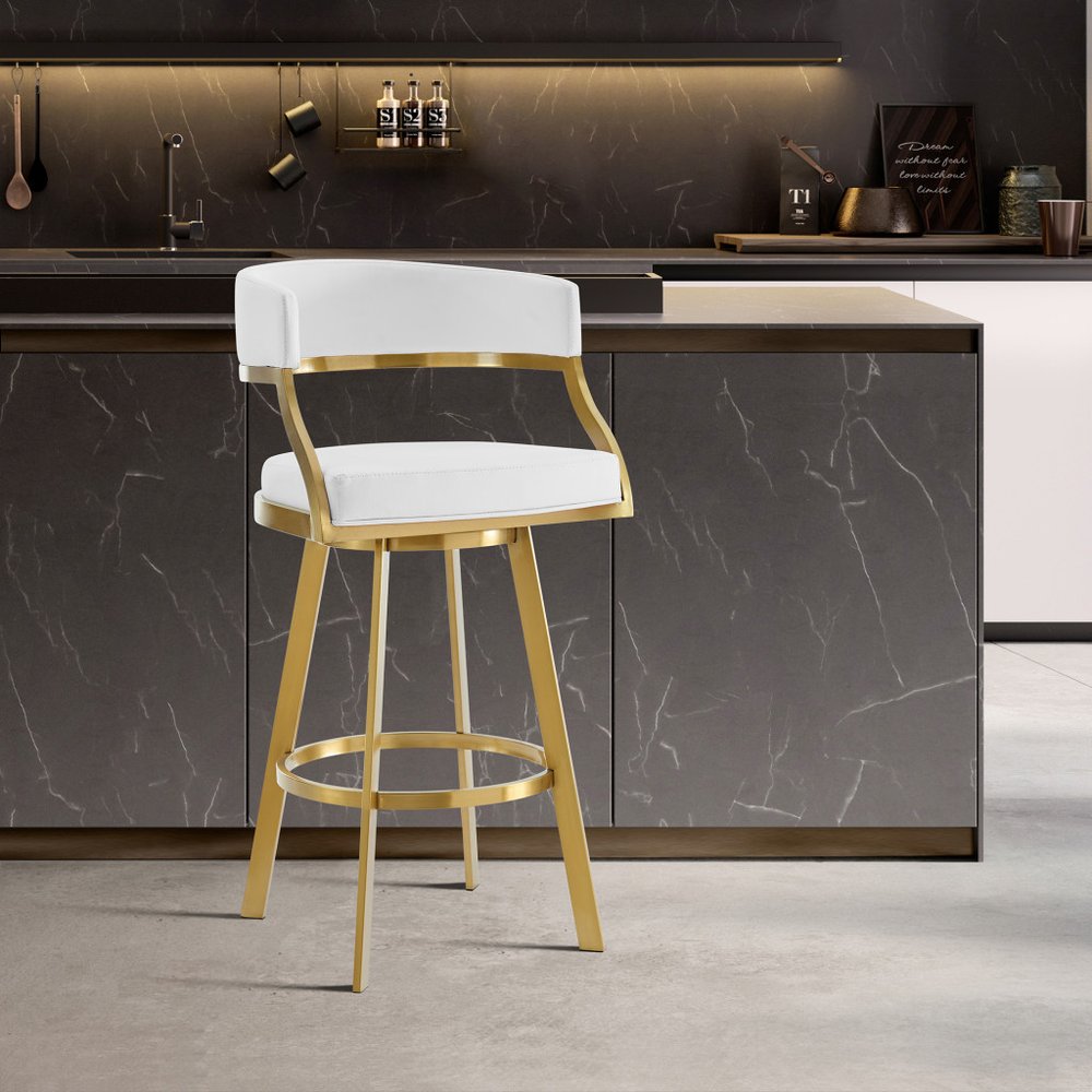 26" White and Gold Faux Leather and Stainless Steel Low Back Counter Height Swivel Bar Chair