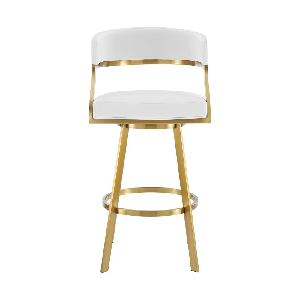 26" White and Gold Faux Leather and Stainless Steel Low Back Counter Height Swivel Bar Chair