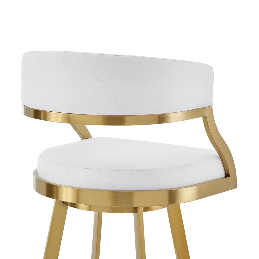 26" White and Gold Faux Leather and Stainless Steel Low Back Counter Height Swivel Bar Chair