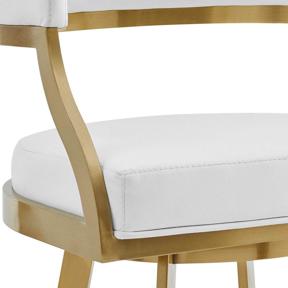 26" White and Gold Faux Leather and Stainless Steel Low Back Counter Height Swivel Bar Chair