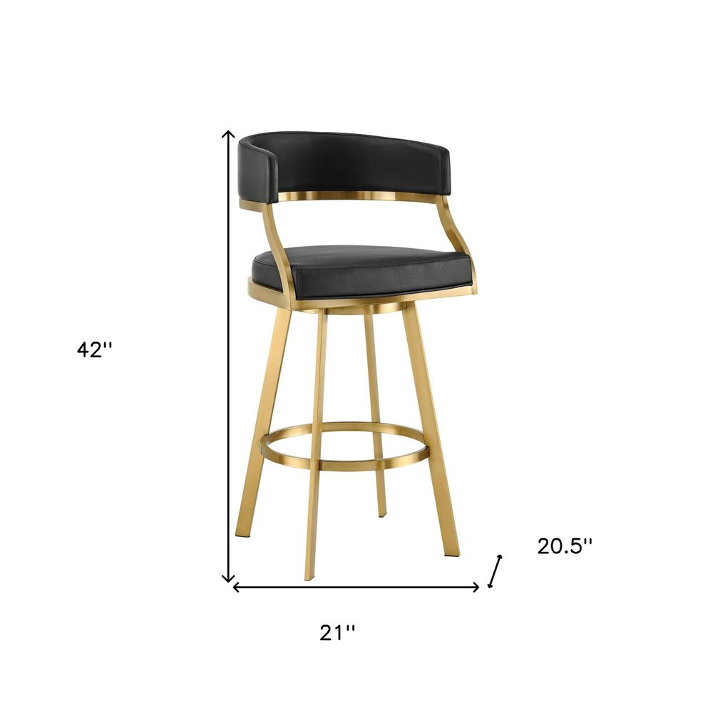 30" Black and Gold Faux Leather and Stainless Steel Low Back Bar Height Swivel Bar Chair