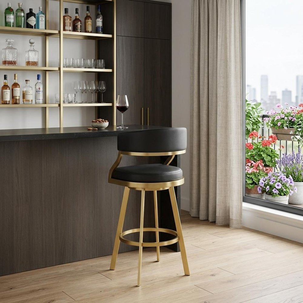 30" Black and Gold Faux Leather and Stainless Steel Low Back Bar Height Swivel Bar Chair