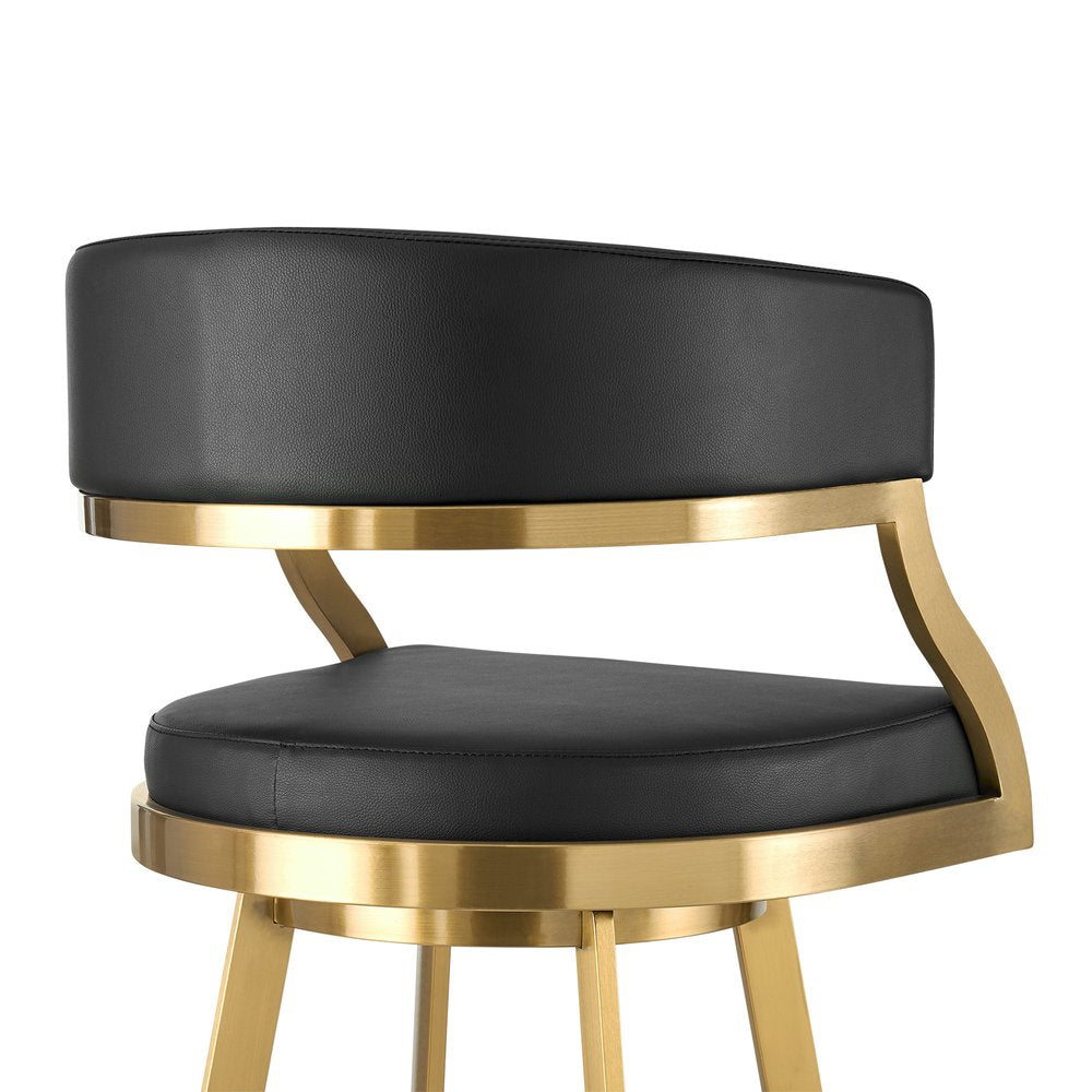 30" Black and Gold Faux Leather and Stainless Steel Low Back Bar Height Swivel Bar Chair