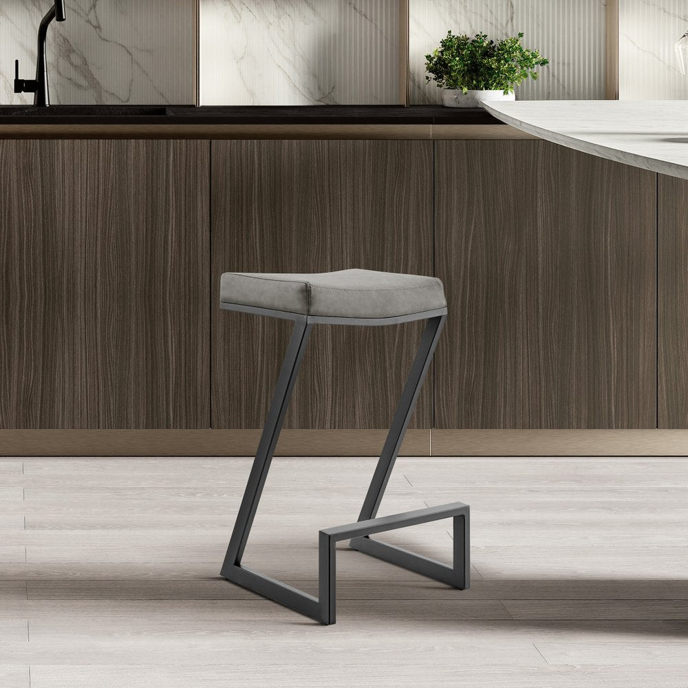 26" Gray and Black Faux Leather and Iron Backless Counter Height Bar Chair