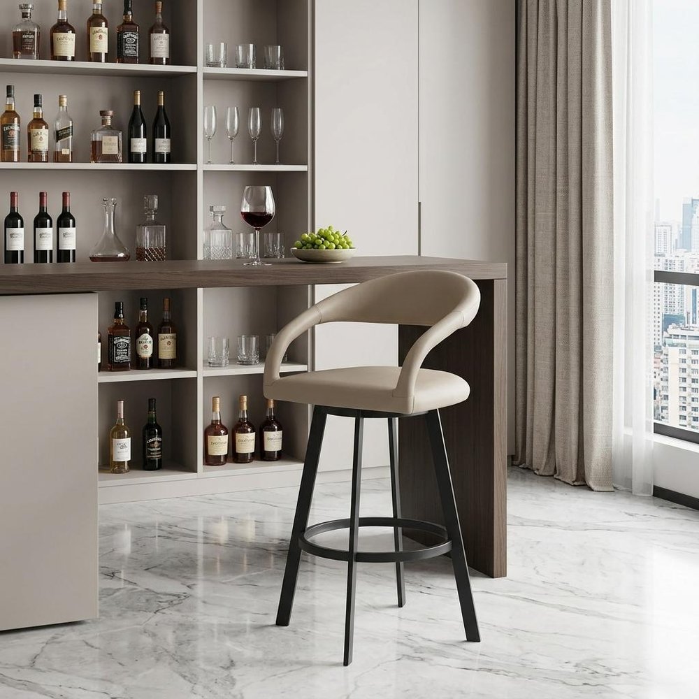 30" Beige and Black Faux Leather and Iron Low Back Bar Height Swivel Bar Chair