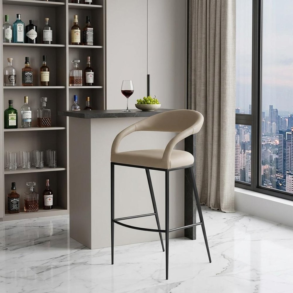 30" Beige and Black Faux Leather and Iron Low Back Bar Height Bar Chair
