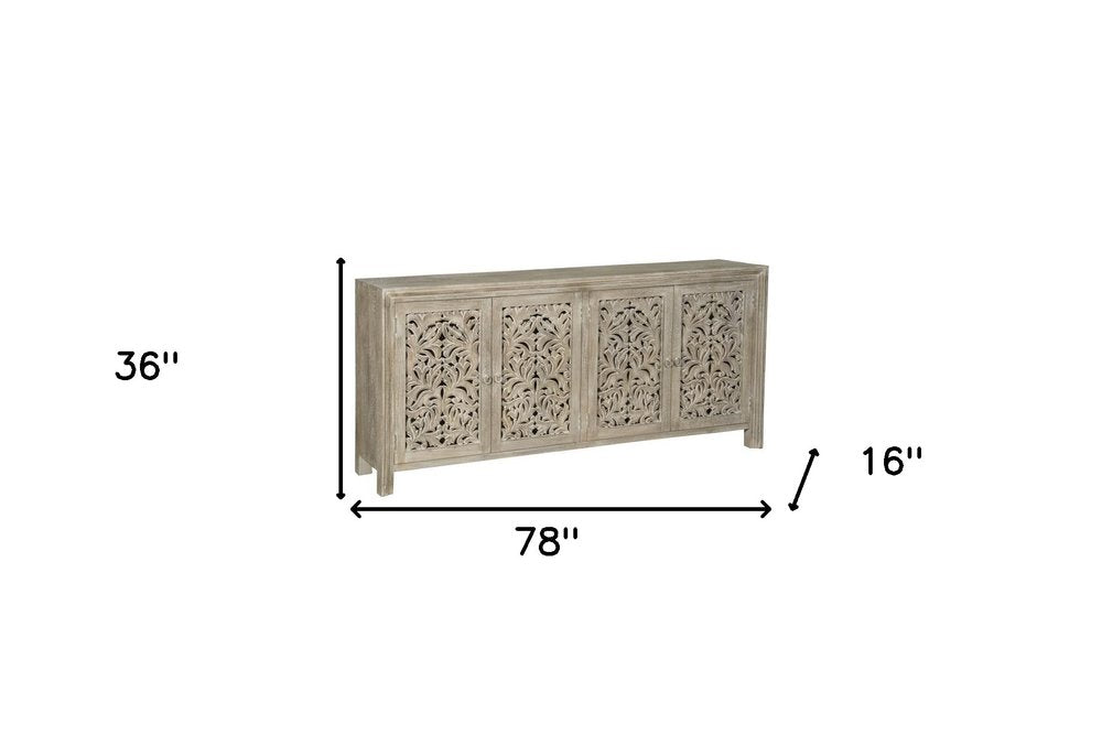 78" Gray Distressed Solid Wood Carved Floral Sideboard with Four Doors