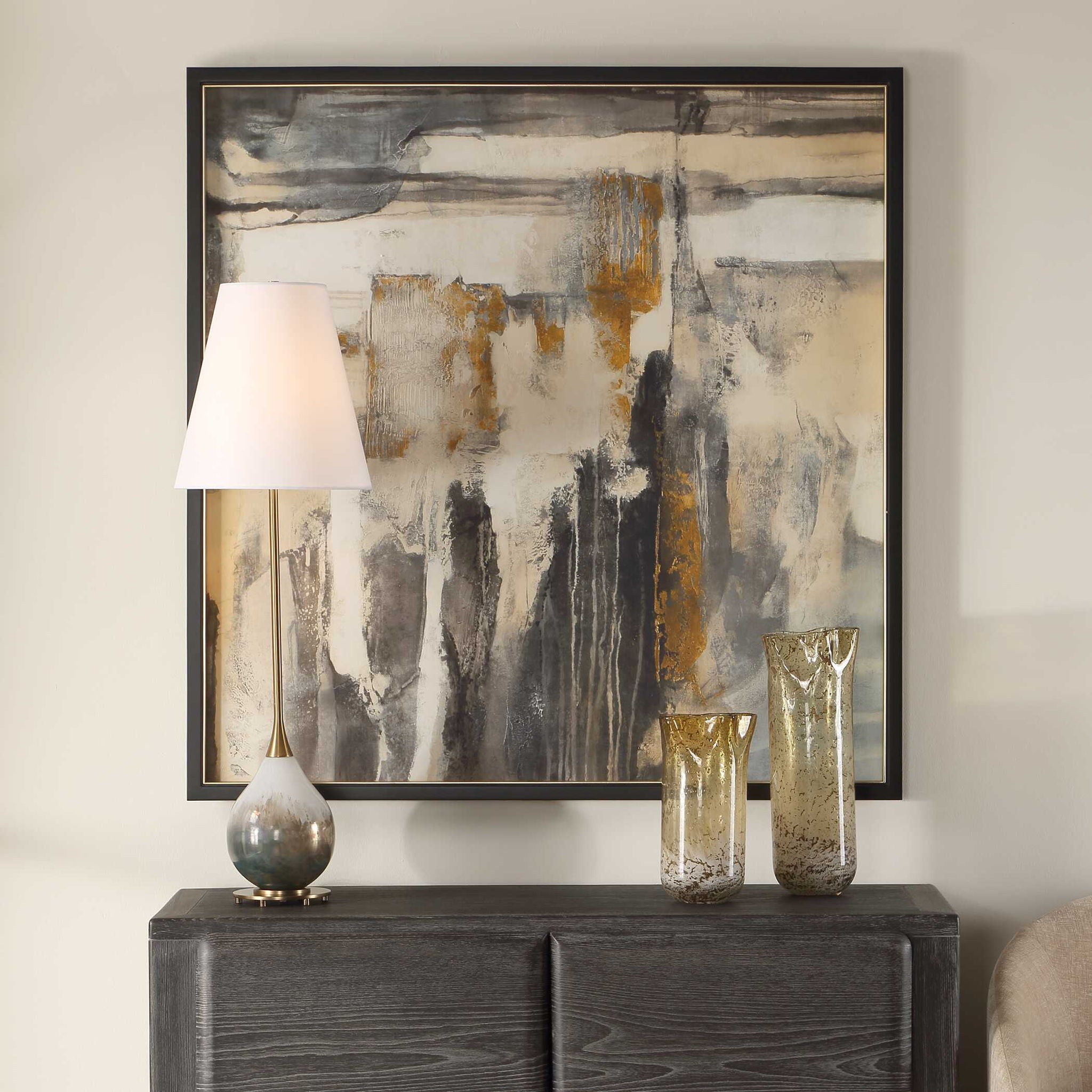 Landslide - Framed Abstract Print - Black / Brass / Gold / Gray / Orange / White / Yellow