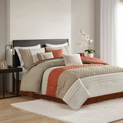 Greer - 7 Piece Color Block Stripe Comforter Set With Throw Pillows - Spice
