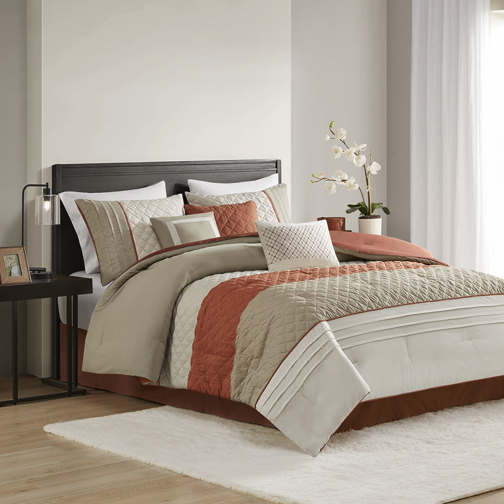 Jenson - 7 Piece Color Block Stripe Comforter Set With Throw Pillows - Spice / White