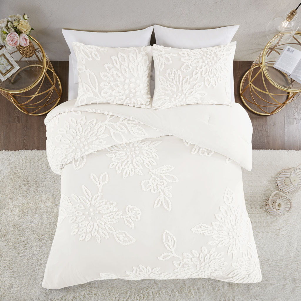 Veronica - King 3 Piece Tufted Floral Comforter Set - Off White
