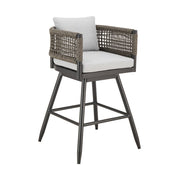 30" Black and Light Gray Aluminum Swivel Rope Back Outdoor Bar Height Chair with Footrest