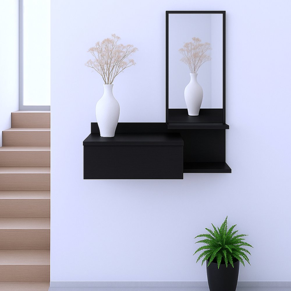 36" Black Wood Wall Mounted Accent Cabinet With Drawer And Mirror