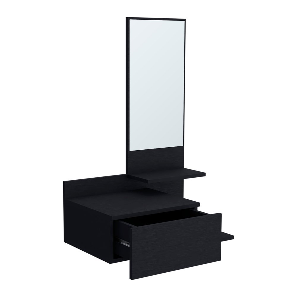 36" Black Wood Wall Mounted Accent Cabinet With Drawer And Mirror