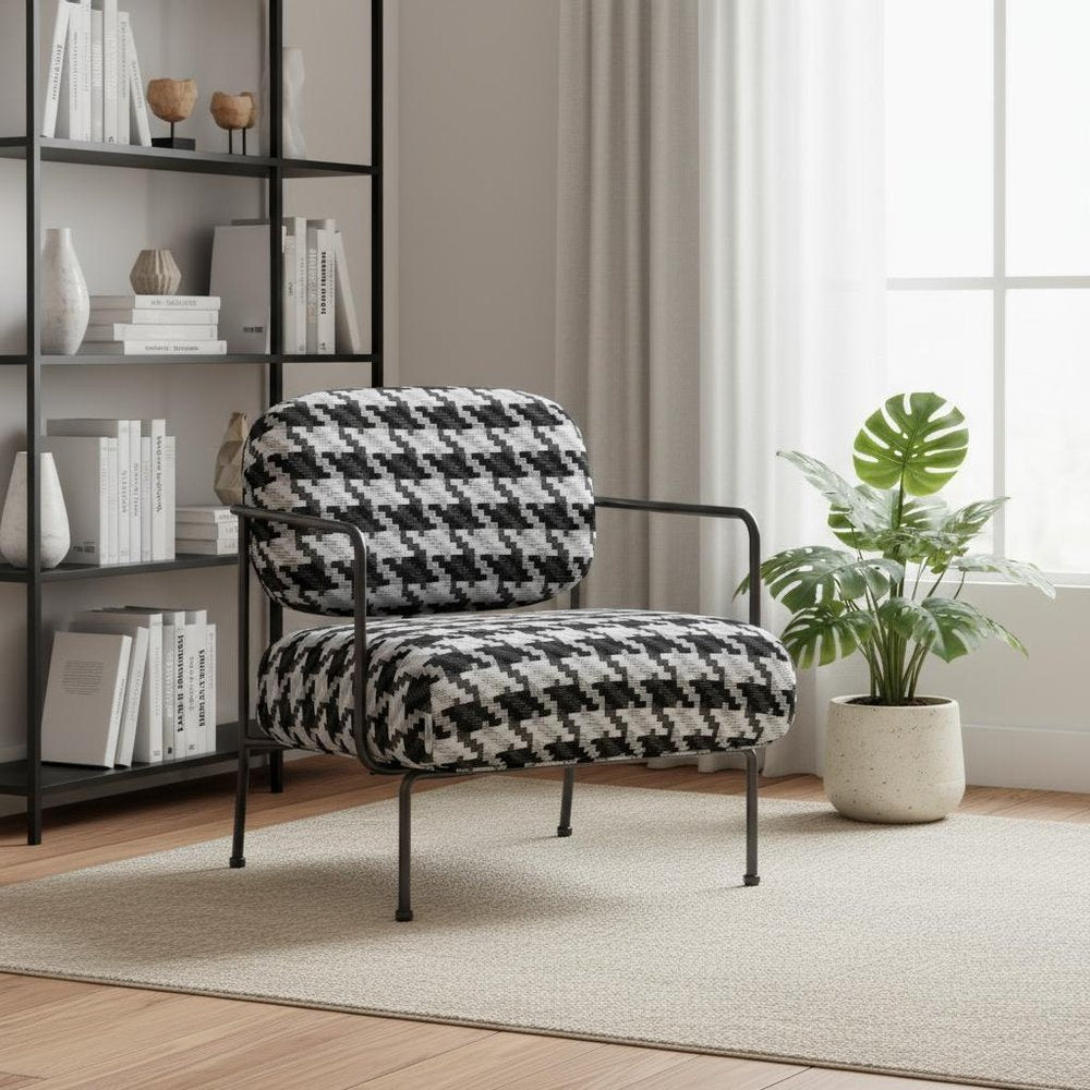 29" Black And White And Black Upholstered Houndstooth Arm Chair