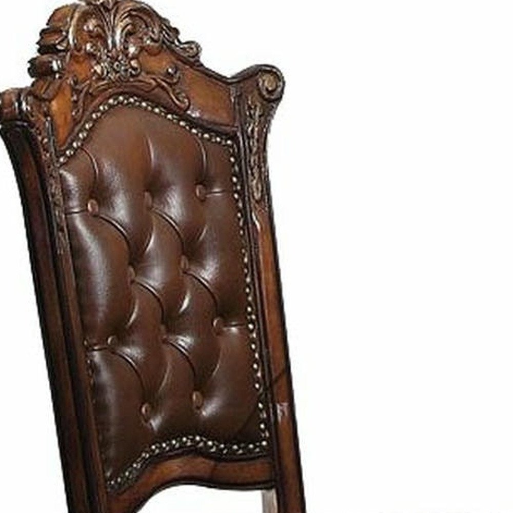 Set of Two 24" Brown Faux Leather and Solid Wood Counter Height Bar Chairs