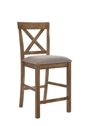 Set of Two 26" Tan and Oak Linen and Solid Wood Counter Height Bar Chairs