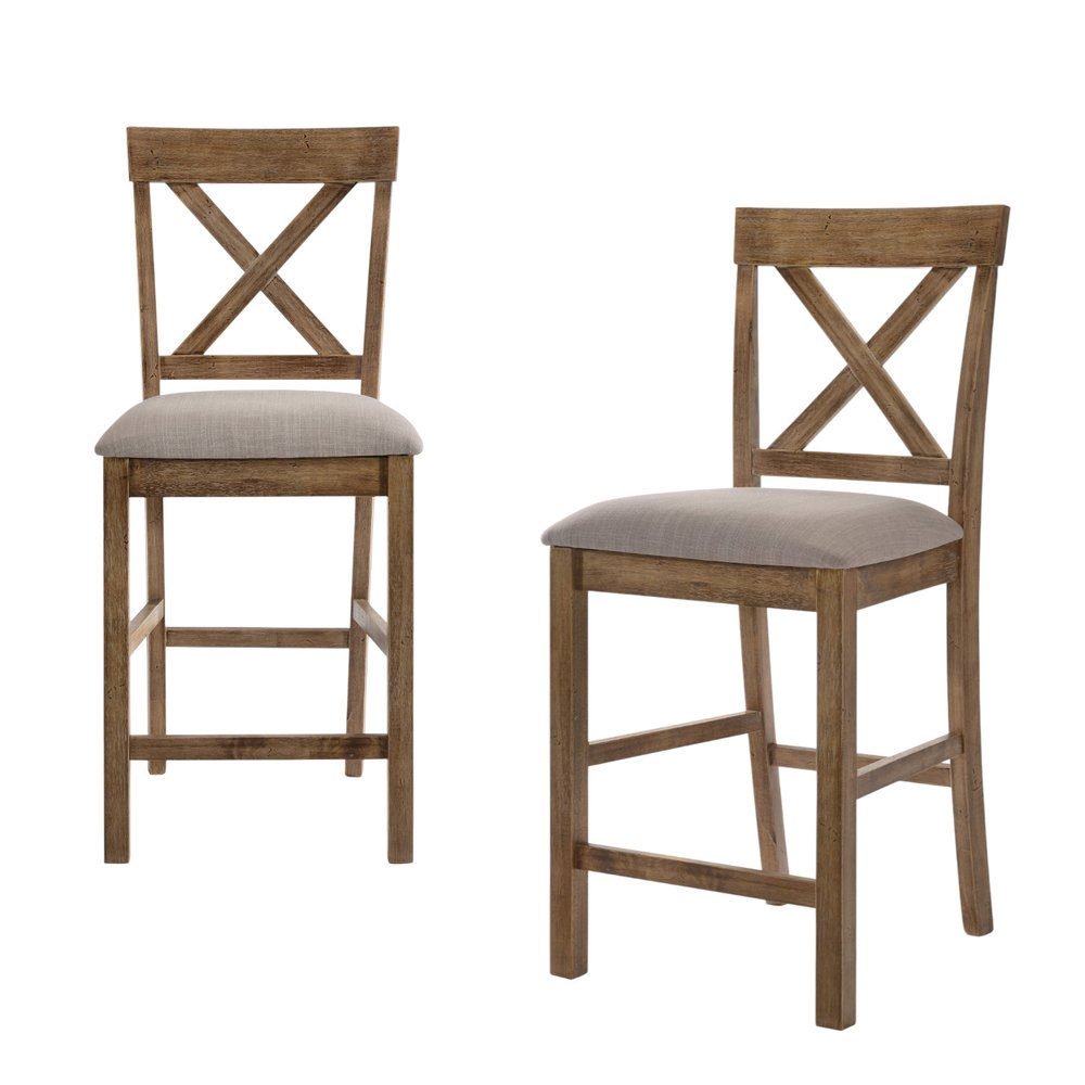 Set of Two 26" Tan and Oak Linen and Solid Wood Counter Height Bar Chairs