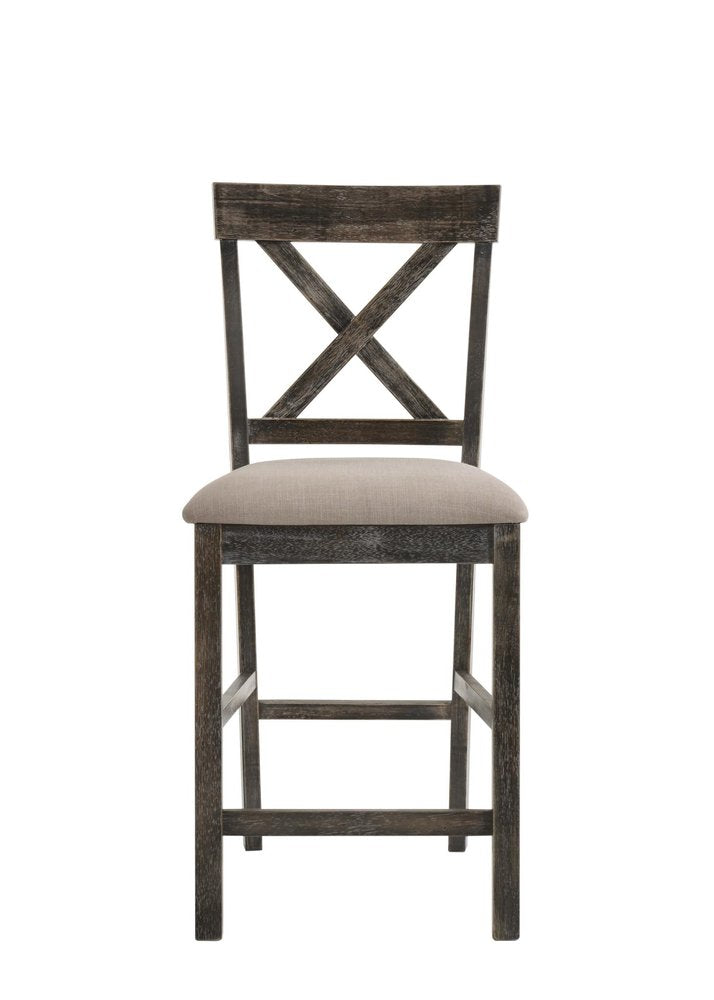 Set of Two 26" Tan and Dark Gray Linen and Solid Wood Counter Height Bar Chairs