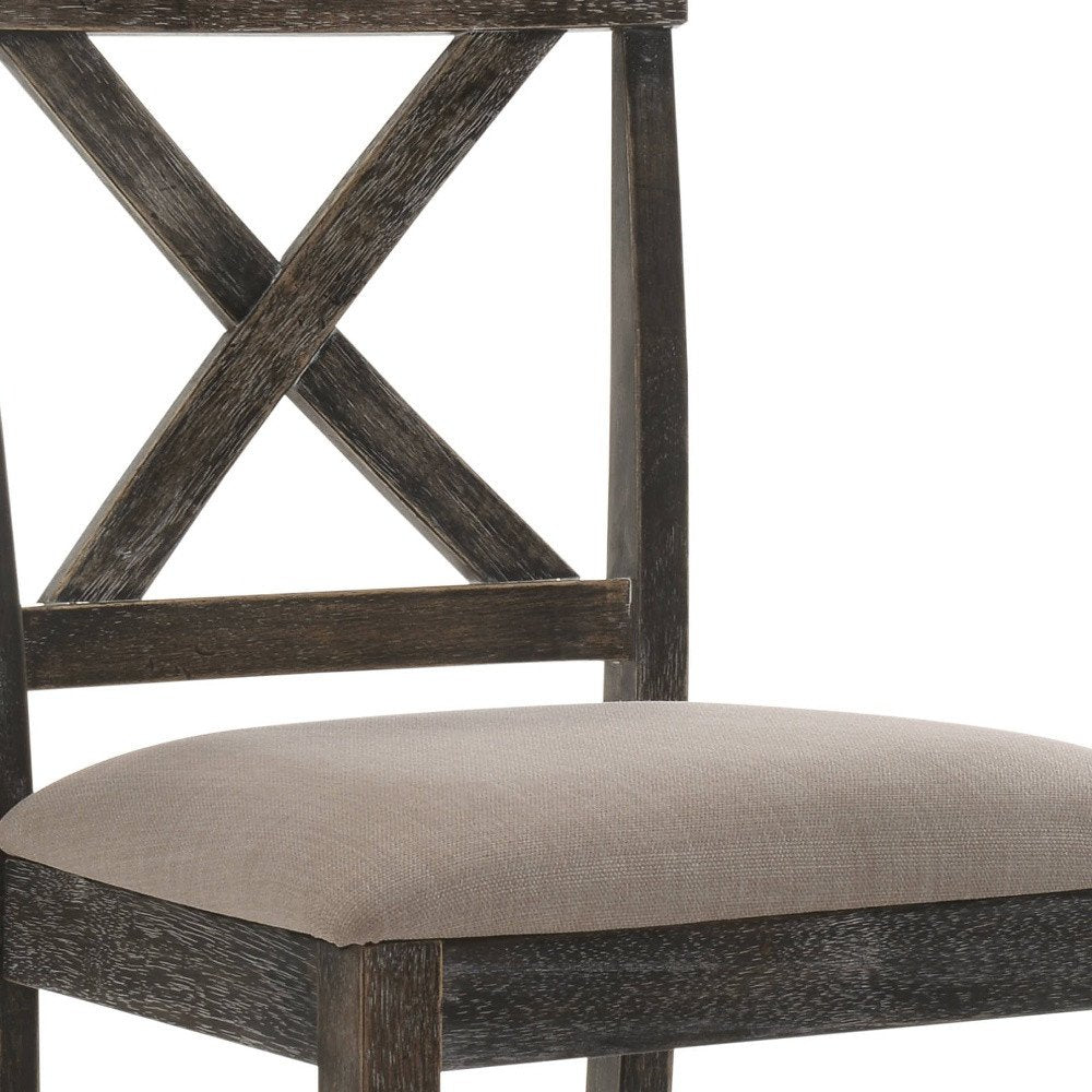 Set of Two 26" Tan and Dark Gray Linen and Solid Wood Counter Height Bar Chairs