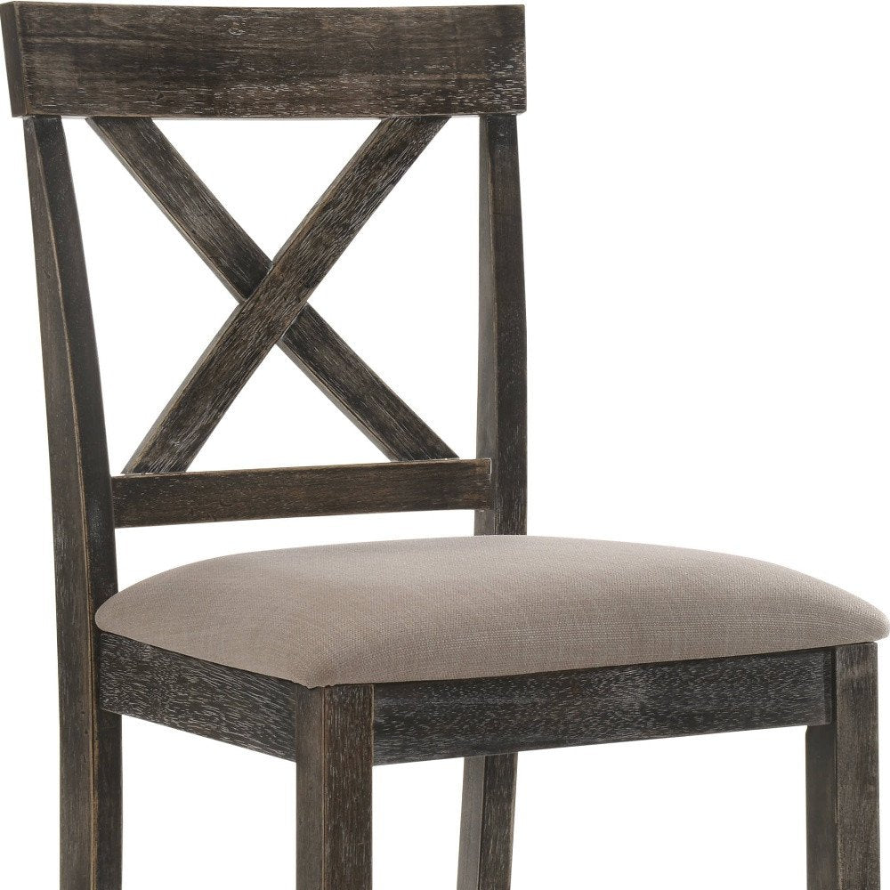 Set of Two 26" Tan and Dark Gray Linen and Solid Wood Counter Height Bar Chairs