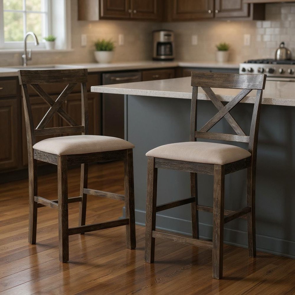 Set of Two 26" Tan and Dark Gray Linen and Solid Wood Counter Height Bar Chairs