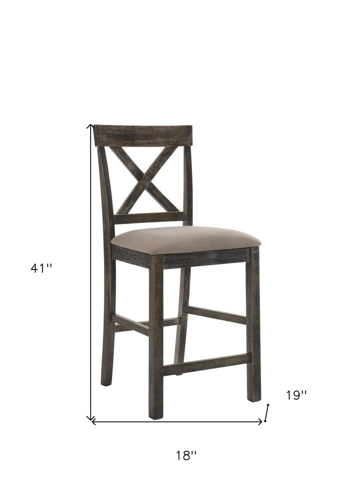 Set of Two 26" Tan and Dark Gray Linen and Solid Wood Counter Height Bar Chairs