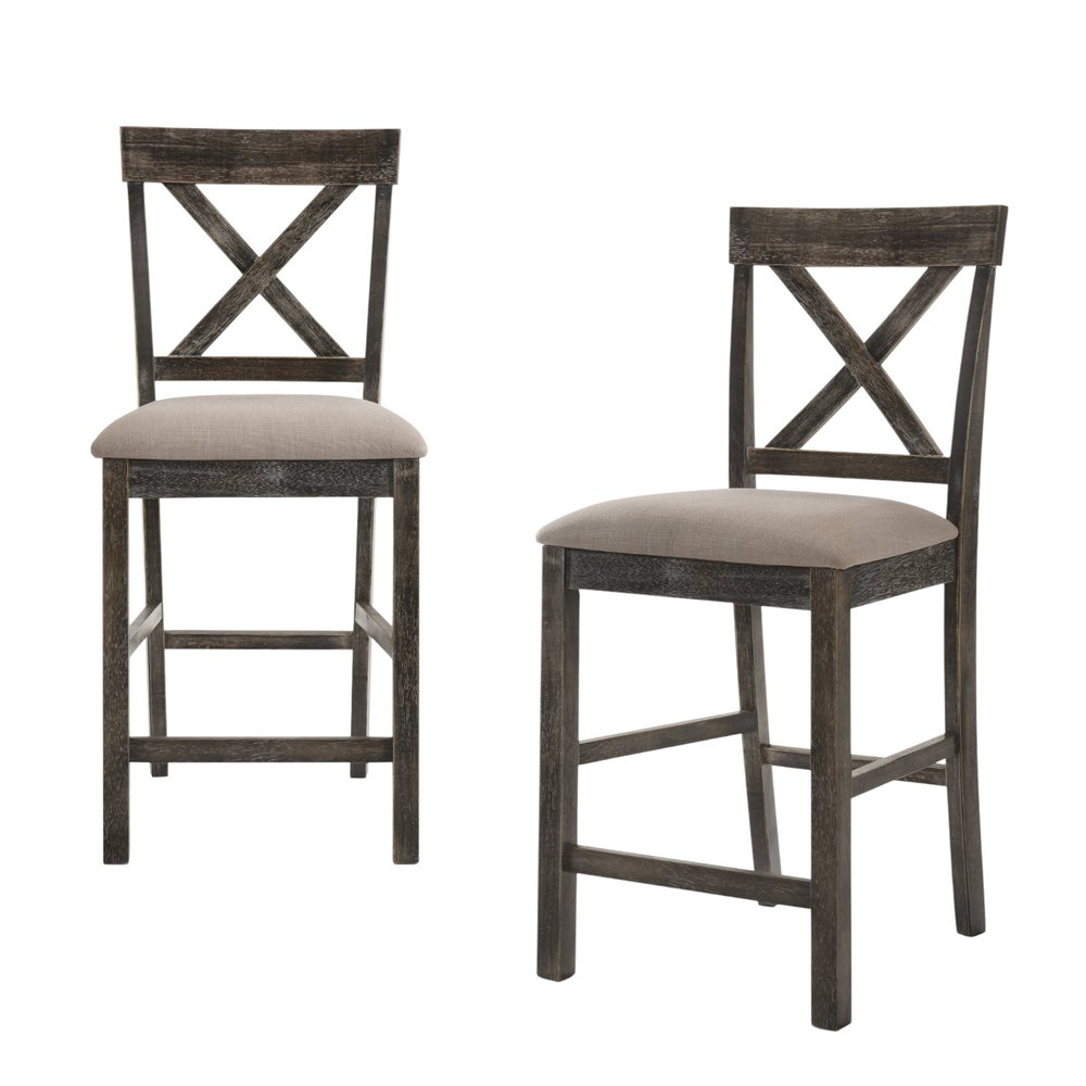Set of Two 26" Tan and Dark Gray Linen and Solid Wood Counter Height Bar Chairs
