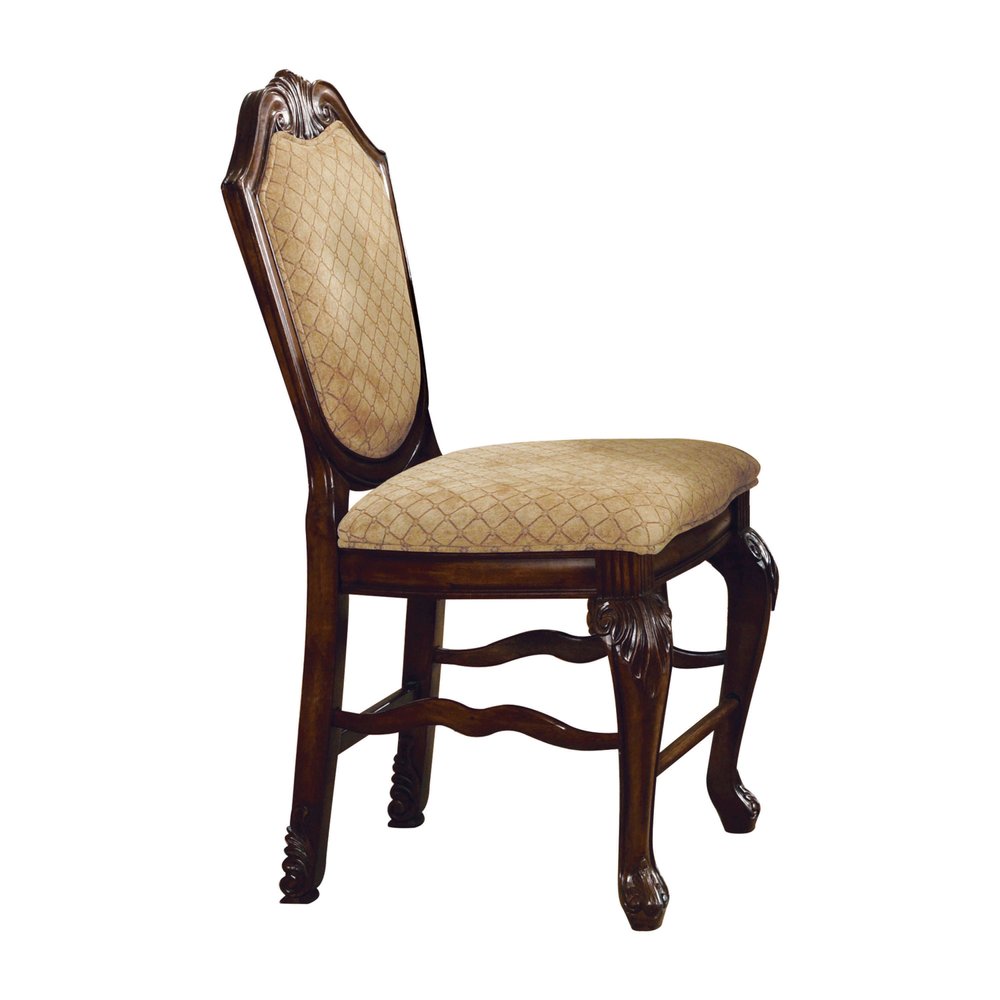 Set of Two 24" Beige and Espresso Fabric and Solid Wood Counter Height Bar Chairs