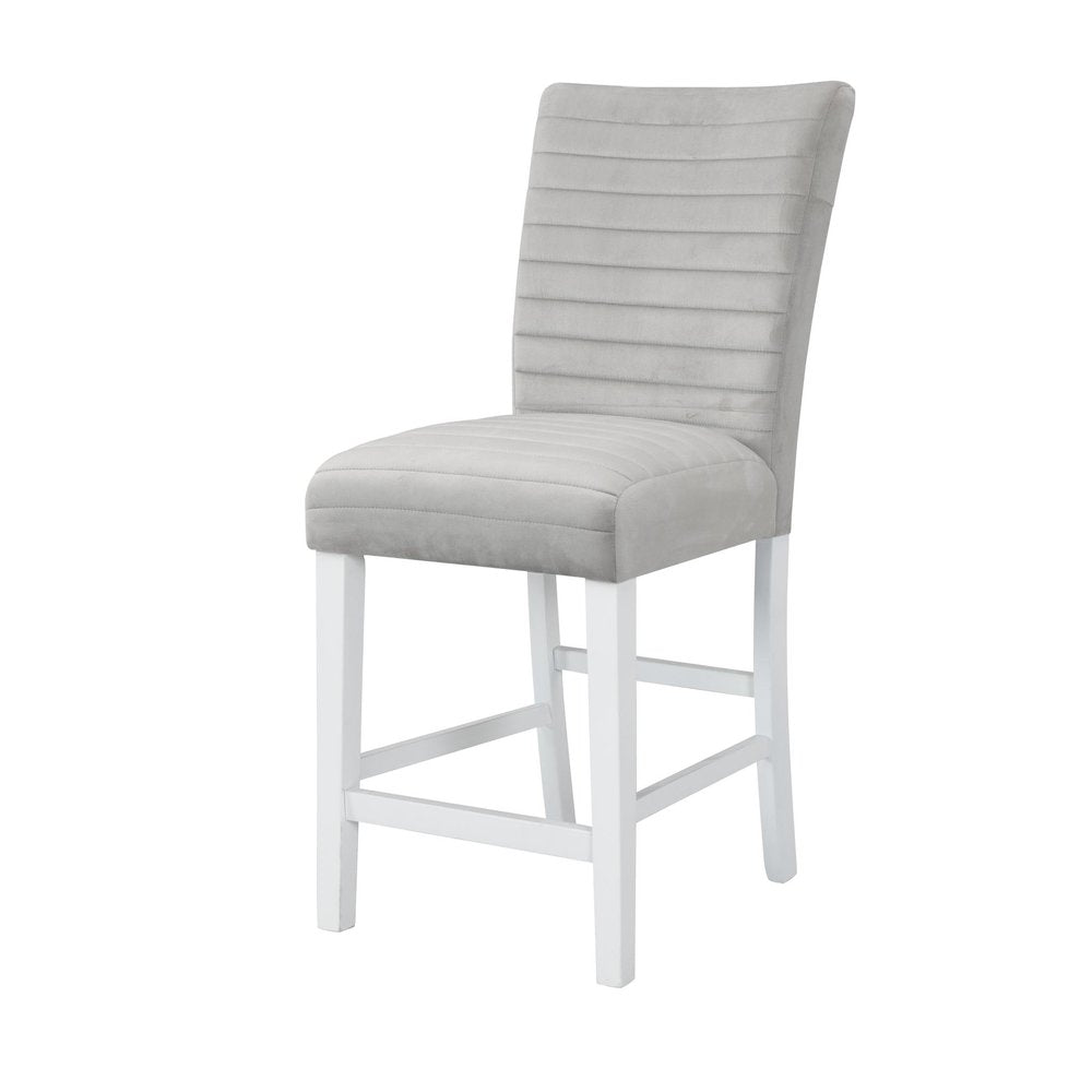 Set of Two 25" Gray and White Velvet and Solid Wood Counter Height Bar Chairs