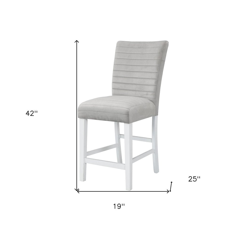 Set of Two 25" Gray and White Velvet and Solid Wood Counter Height Bar Chairs
