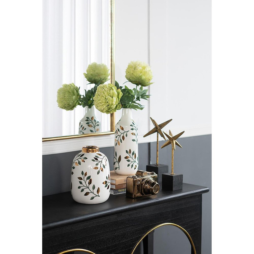 9" White Green And Gold Leaf Round Ceramic Table Vase