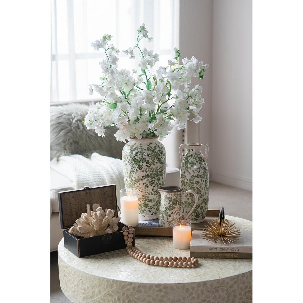 15" Green And White Leaf Ceramic Trumpet Table Vase
