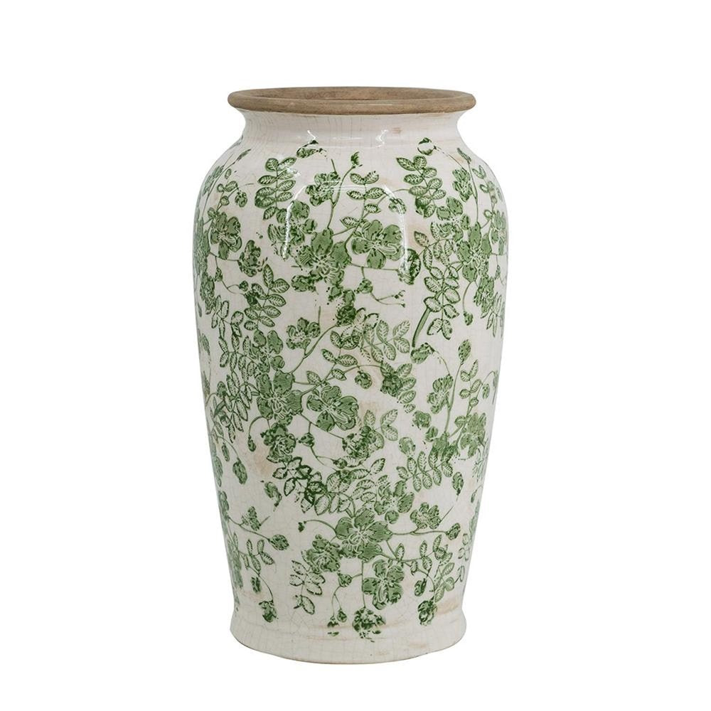 12" Green And White Leaf Ceramic Round Table Vase