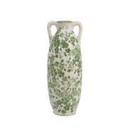 14" Green And White Leaf Ceramic Amphora Table Vase