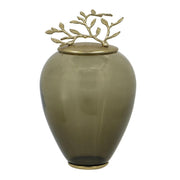 14" Dark Green And Gold Glass And Metal Round Ginger Jar